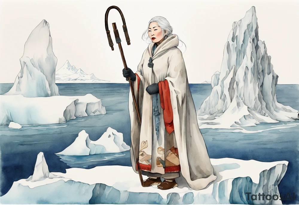 a middle aged Inuit woman with white hair, wearing mittens, wearing a white cloak, holding a white staff, wearing mukluks, standing on an iceberg in the sea tattoo idea
