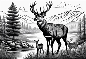 Country scene with deer tattoo idea