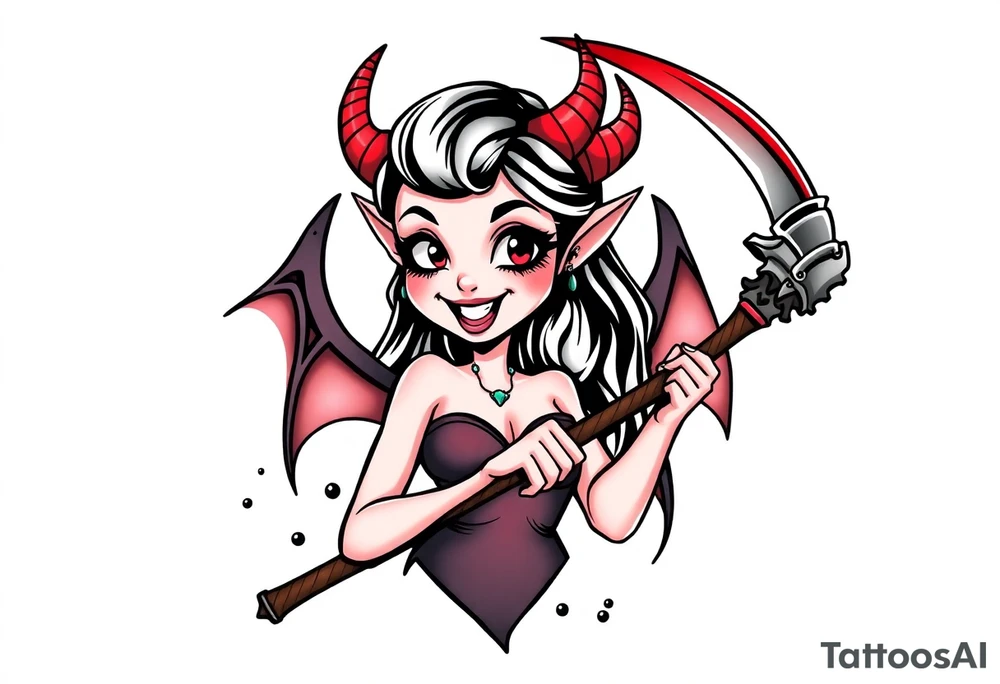 Pinup demon girl smiling while holding a bloody scythe tattoo idea