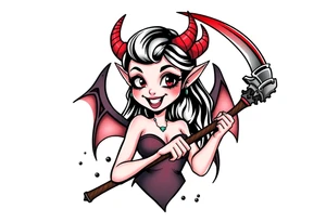 Pinup demon girl smiling while holding a bloody scythe tattoo idea