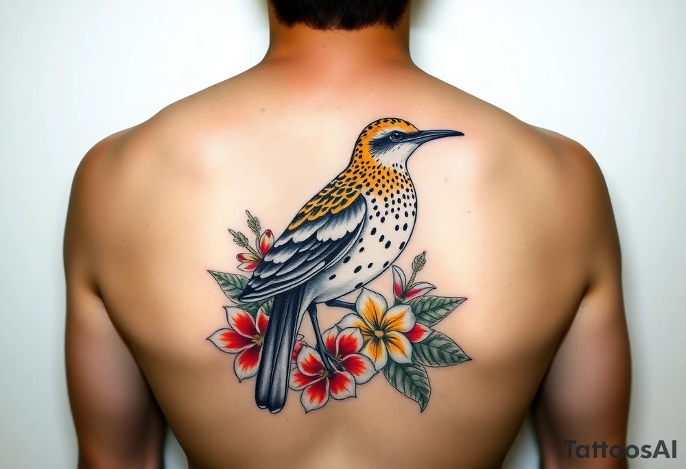 Female pacific golden plover (kolea) bird with heliconia flowers, hibiscus flowers, bird of paradise flowers, beehive ginger, shampoo ginger, red tahitian ginger, surrounded by crown flower lei, puakenikeni lei, and ti leaf lei in color detailed tattoo idea