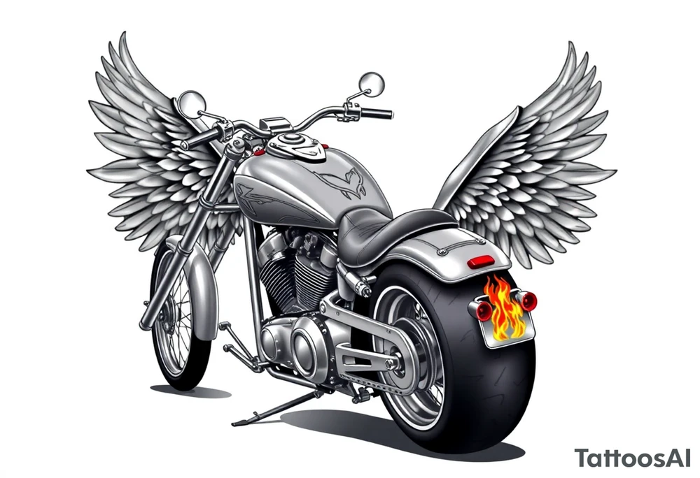 Low rider grey motorcycle, big muffler pipes with flames, angel wings, driving away, no person tattoo idea