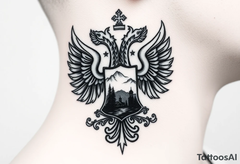 Traditional authentic Russian coat of arms with double headed eagle & a well shaded Christian orthodox virgin marry crest in the middle with silhouette of a lake in a Russian wilderness Christian orthodoxy dome church village setting on the side of my neck tattoo idea