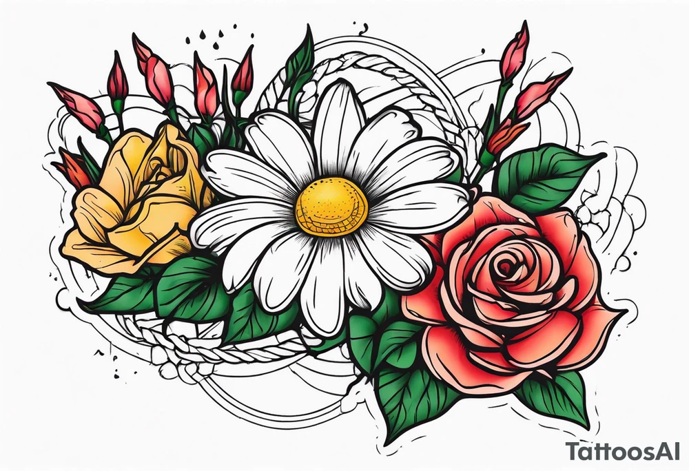 A daisy and a rose with gladiolus flowers weaving through tattoo idea