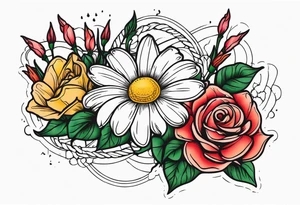 A daisy and a rose with gladiolus flowers weaving through tattoo idea