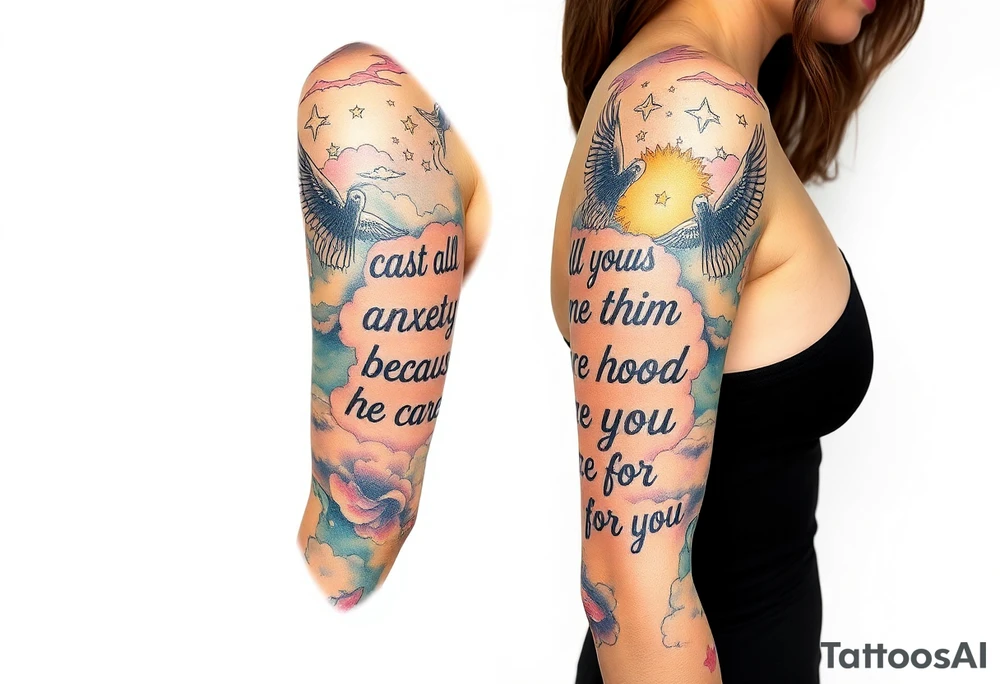 cast all your anxiety on him because he cares for you"  surrounded with clouds and angels tattoo idea