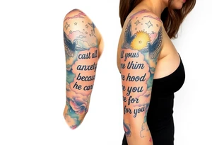 cast all your anxiety on him because he cares for you"  surrounded with clouds and angels tattoo idea
