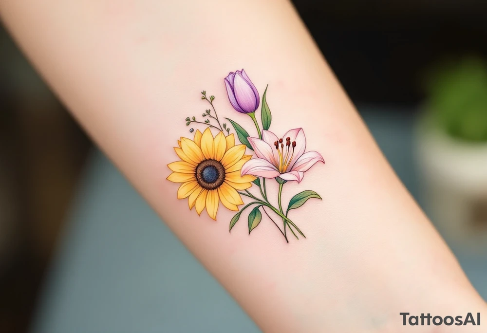 Small yellow sunflowers and simple stargazer Lilly in pale pink and pale purple tulip buds in a dainty wildflower bouquet with light green stems. No outlines on the flowers. Include feminine stem lines. tattoo idea