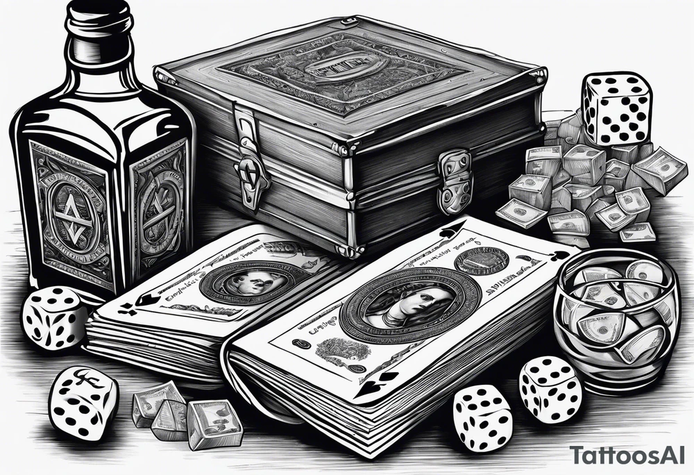 cards, money, dice, and whiskey on ice, tattoo idea