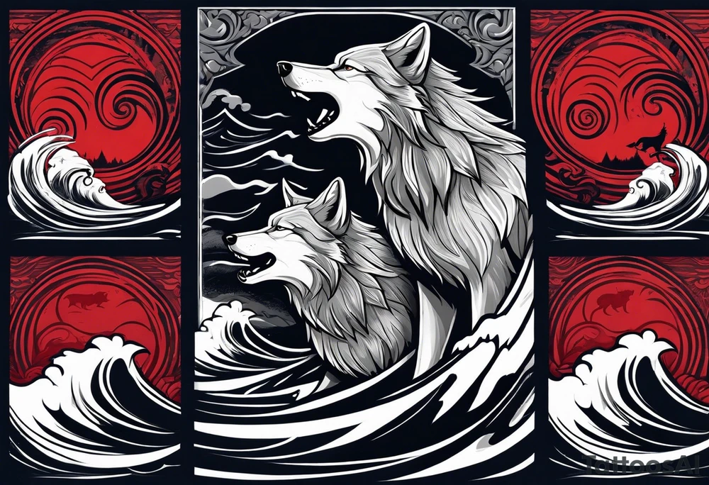 a pack of 3 howling muscular  gray wolves surfing waves with a linear background with red, white and black and gray including the word Howler in an aggressive script font tattoo idea