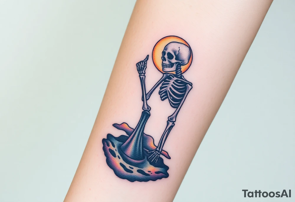 Skeleton reaching out towards a bright light but is stuck in a sludge tattoo idea