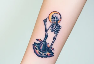 Skeleton reaching out towards a bright light but is stuck in a sludge tattoo idea