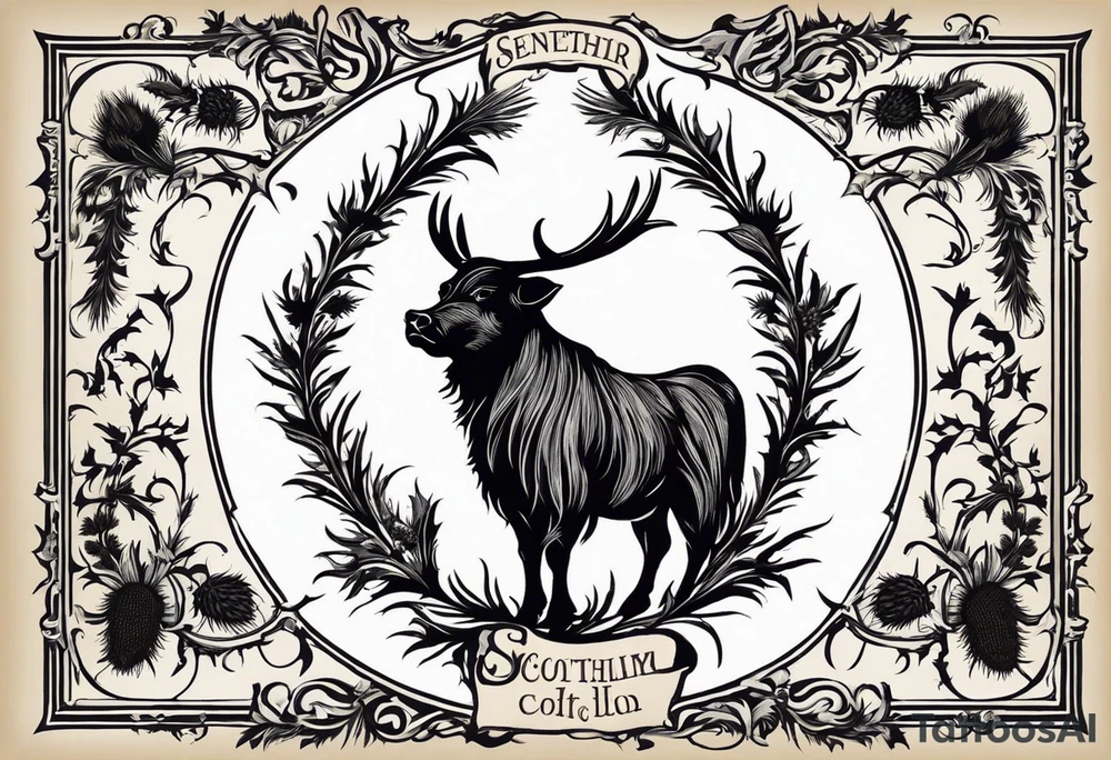 I want to create a tattoo of a personal coat of arms surrounded by thistle and heather. the top portion in the coat of arms is the Scottish highlands. For the coat of arms, 4 points are music, highland cow, thistle/heather, and border collie head/ears silhouette. I would also like a rosary incorporated and a scroll of the serenity prayer tattoo idea