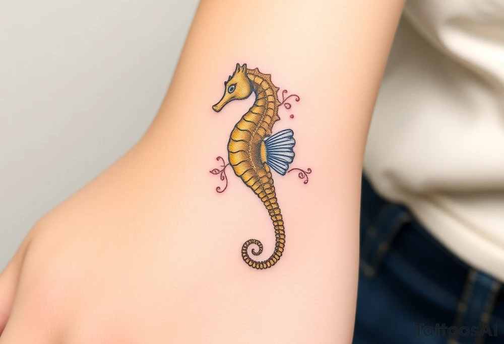 A majestic golden seahorse with delicate filigree engravings tattoo idea