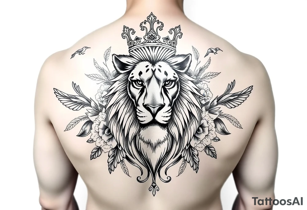 powerful majestic lion with a crown, surrounded by floral ornaments and birds tattoo idea