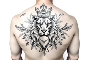 powerful majestic lion with a crown, surrounded by floral ornaments and birds tattoo idea