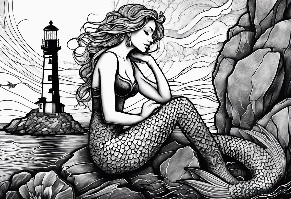 Mermaid sitting on a lighthouse’s rock, vessel in a storm, a compass, a nautical chart tattoo idea