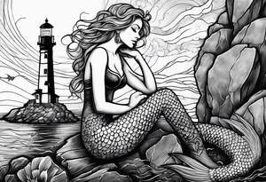 Mermaid sitting on a lighthouse’s rock, vessel in a storm, a compass, a nautical chart tattoo idea