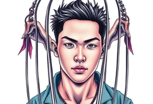 Handsome Asian young guy in evils cage tattoo idea