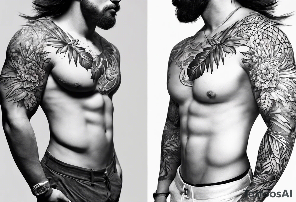 Two separate pieces about the size of a palm, one for day and one for night placed on each side of the chest on a man tattoo idea