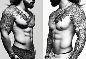 Two separate pieces about the size of a palm, one for day and one for night placed on each side of the chest on a man tattoo idea