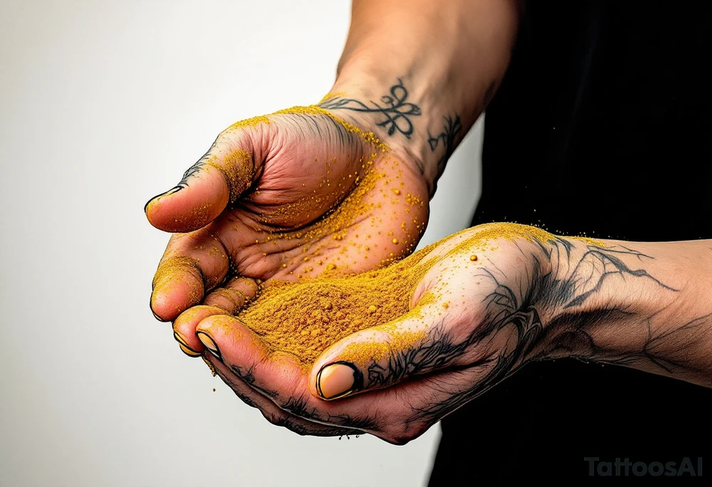 A hand pouring golden sand from one palm to another, forming an infinity loop, symbolizing the continuous flow of karmic justice. tattoo idea