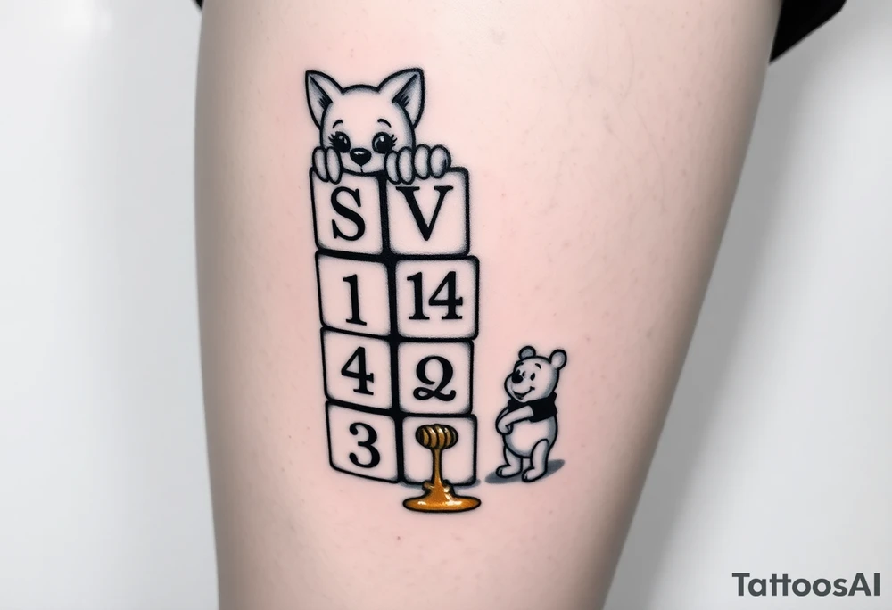 a thigh tattoo with alphabet blocks going down vertically but on the alphabet blocks, the name SEVYN is alternated on the sides of all five blocks and 07/14/25 is alternated on the sides of the blocks as well and on the top of the blocks Marie from the Aristocats peeking up looking showing her eyes, her bow on her head and her front pause and then on the bottom block then Winnie the Pooh standing on the ground, reaching up on the block for the honey that’s spilling off the side and on the left side not on the blocks to say 6 ounces 12 pounds 20 inches all lined up in a column going vertically starting with the 6 ounces 12 pounds and 20 inches in that order and then on the right side, not touching the blocks to say 3:51 AM. tattoo idea
