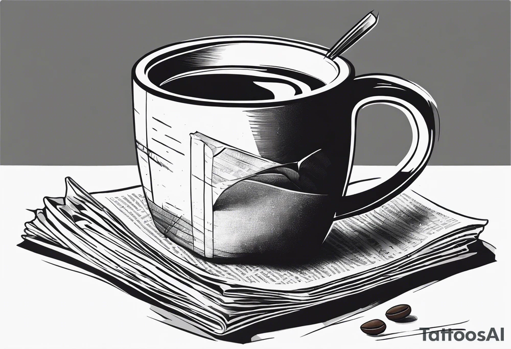 Coffee mug sitting on top of a folded newspaper, with a comb inside of the coffee mug tattoo idea