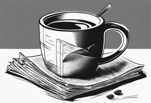 Coffee mug sitting on top of a folded newspaper, with a comb inside of the coffee mug tattoo idea