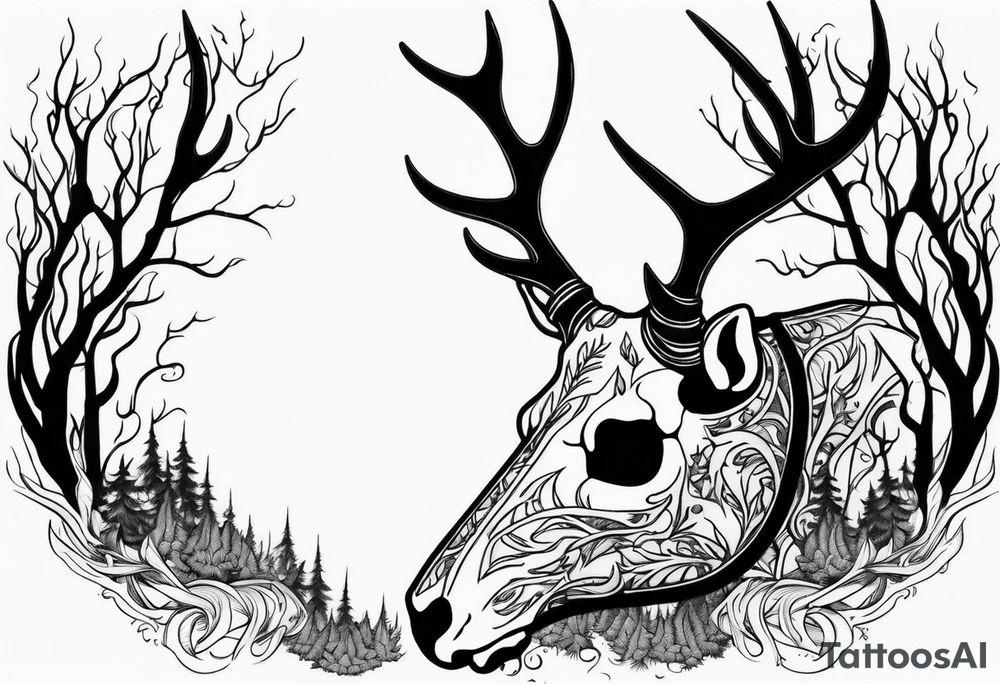 side profile of a deer skull JUST BONE surrounded by a flames and trees tattoo idea