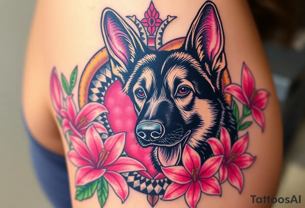 realistic german shepherd with alert ears looking protective surrounded by pink lilies with leaves in front of a serpent sacred heart tattoo idea