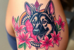 realistic german shepherd with alert ears looking protective surrounded by pink lilies with leaves in front of a serpent sacred heart tattoo idea