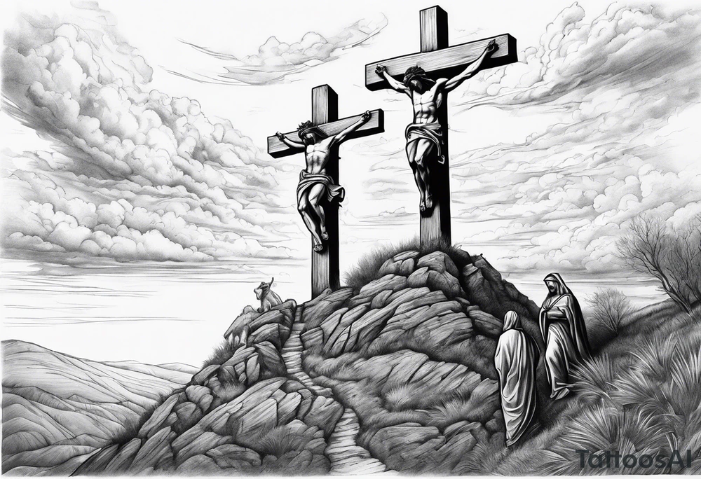 3 people crucified on a hill facing west tattoo idea