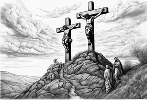 3 people crucified on a hill facing west tattoo idea
