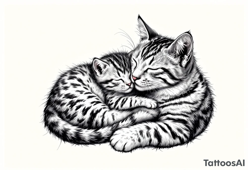 A cat and kitten in black ink intertwined in sleep represents warmth, trust, and quiet love. tattoo idea