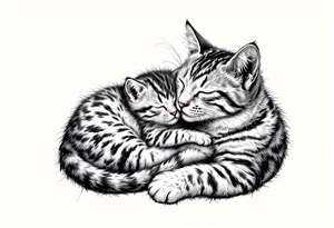 A cat and kitten in black ink intertwined in sleep represents warmth, trust, and quiet love. tattoo idea