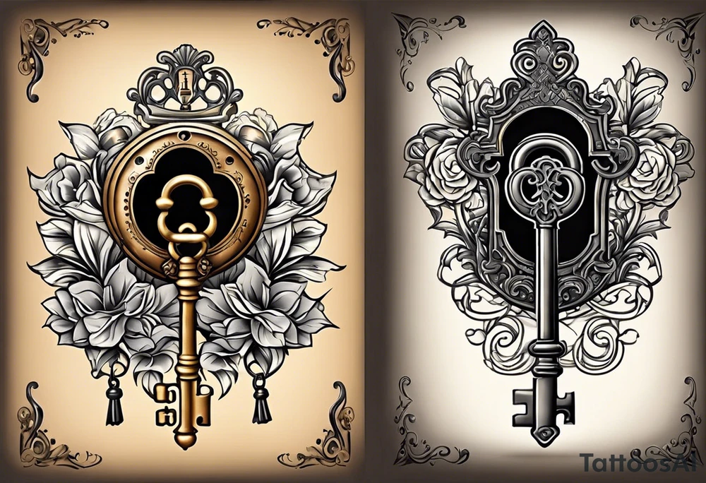 couple tattoos of an old antique key and lock, when the tattoos are side by side they look like the key unlocks the lock. tattoo idea