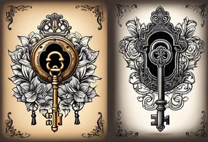 couple tattoos of an old antique key and lock, when the tattoos are side by side they look like the key unlocks the lock. tattoo idea