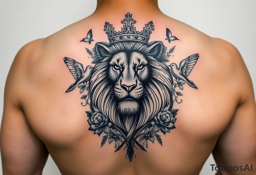 powerful majestic lion with a crown, surrounded by floral ornaments and birds tattoo idea