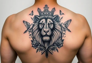 powerful majestic lion with a crown, surrounded by floral ornaments and birds tattoo idea