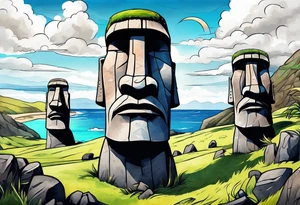 For Easter island heads on an island landscape with hawks circling above tattoo idea