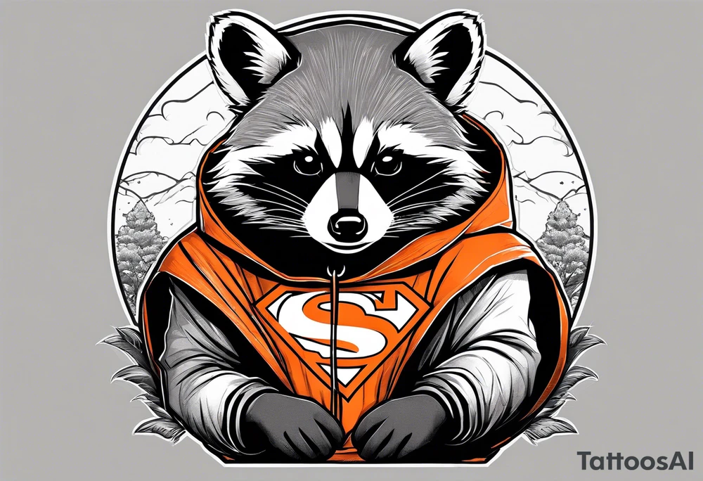 Raccoon wearing an orange Superman hoodie tattoo idea