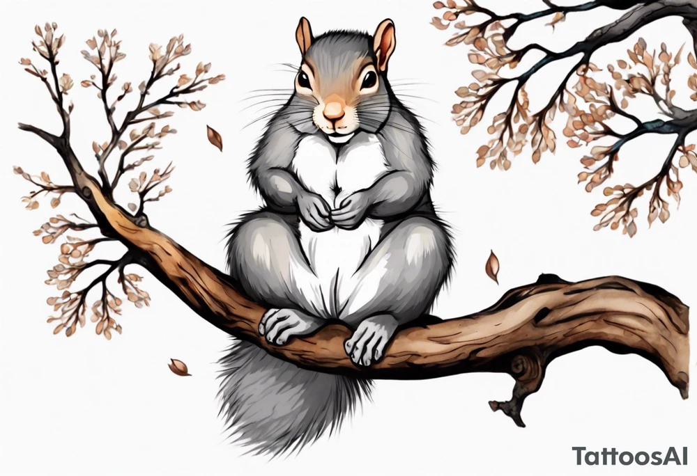 an elderly grey squirrel with a long beard wearing a black robe, meditating on a tree branch with eyes closed tattoo idea