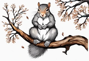 an elderly grey squirrel with a long beard wearing a black robe, meditating on a tree branch with eyes closed tattoo idea