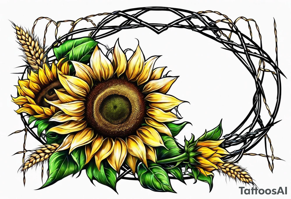 Sunflower, wheat, and barbed wire half sleeve tattoo idea