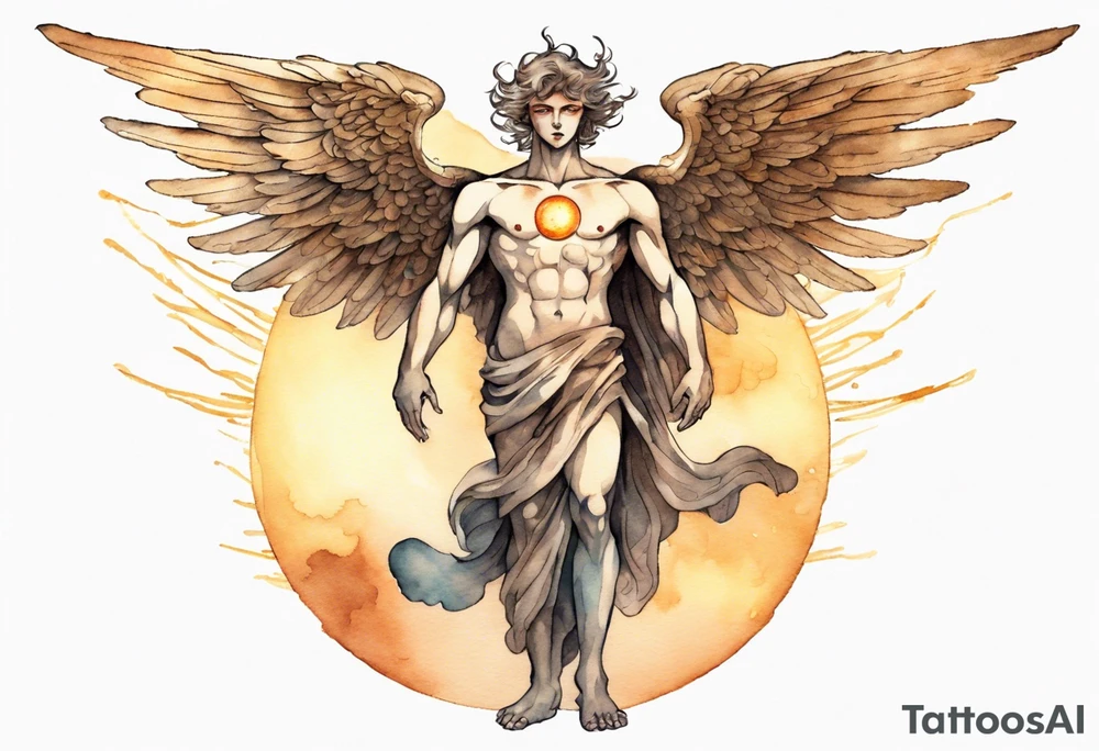 a solitary bronze skinned male angel with glowing eyes standing upon the sun tattoo idea