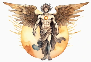 a solitary bronze skinned male angel with glowing eyes standing upon the sun tattoo idea