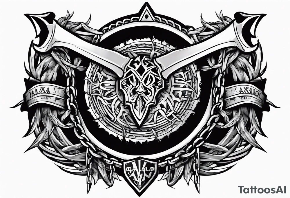 Valhalla sword shield axe barbed wire chains dark cloud tattoo idea