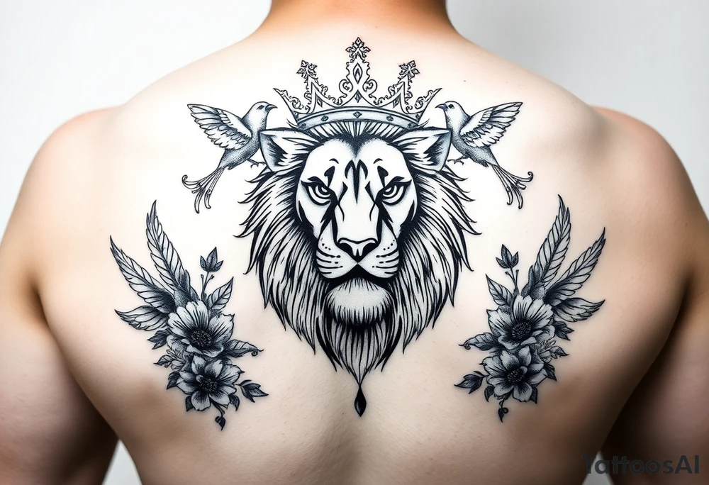 powerful majestic lion with a crown, surrounded by floral ornaments and birds tattoo idea