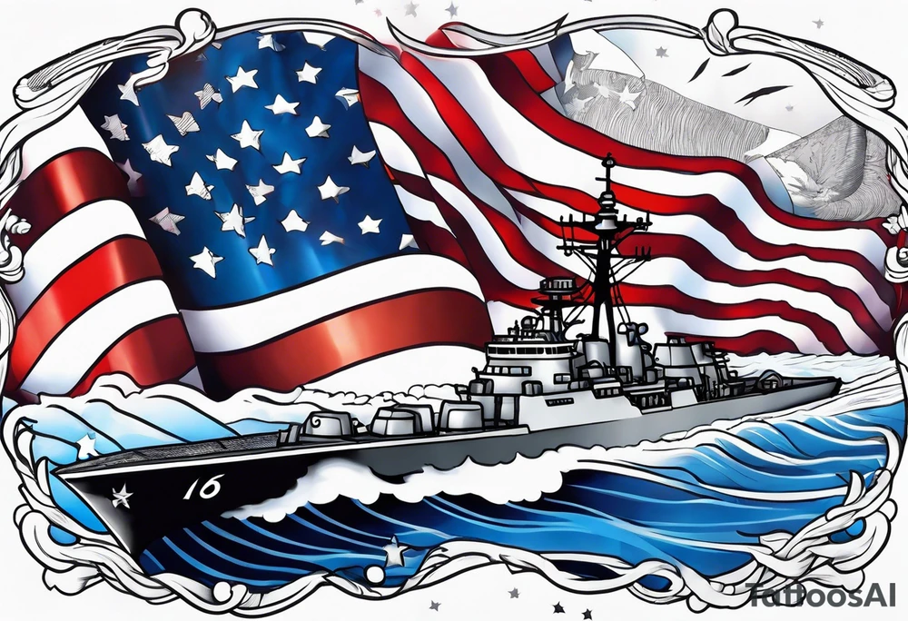 US Navy Ships and huge american flag sleeve tattoo idea